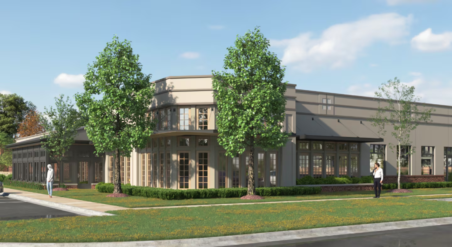 Rendering of the expanded Lyndhurst headquarters, connecting the former Burntwood Tavern building to the existing office via a breezeway.