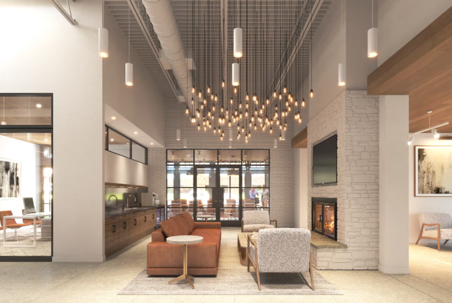 The new lounge and gathering space retains the existing fireplace near the entrance.